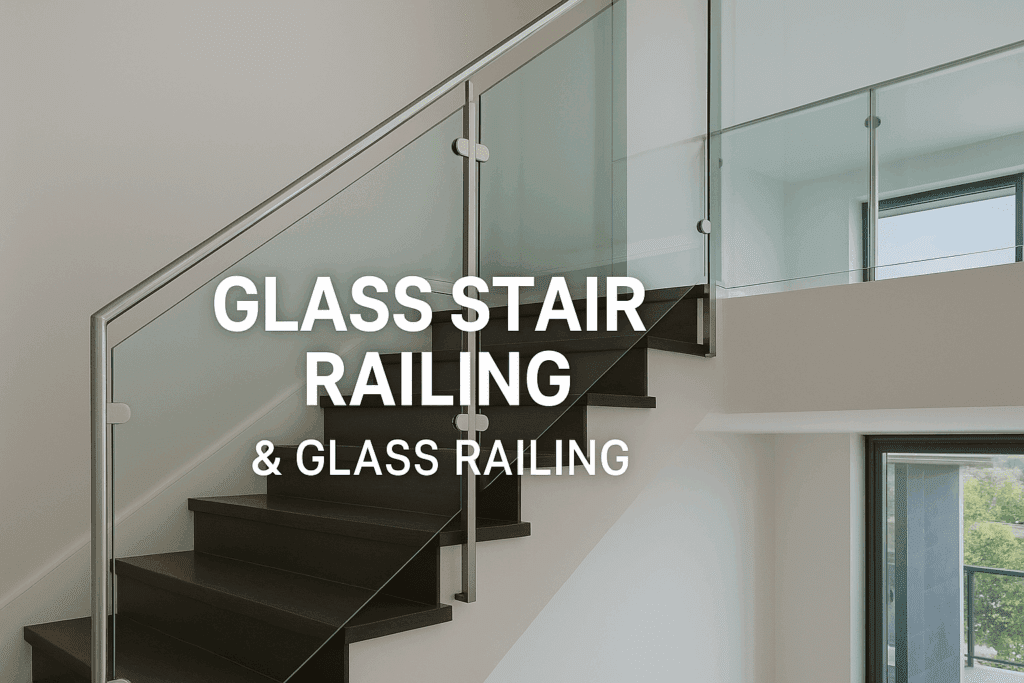 Glass stair railing by Closma with frameless glass panels and stainless steel handrail in a modern home interior