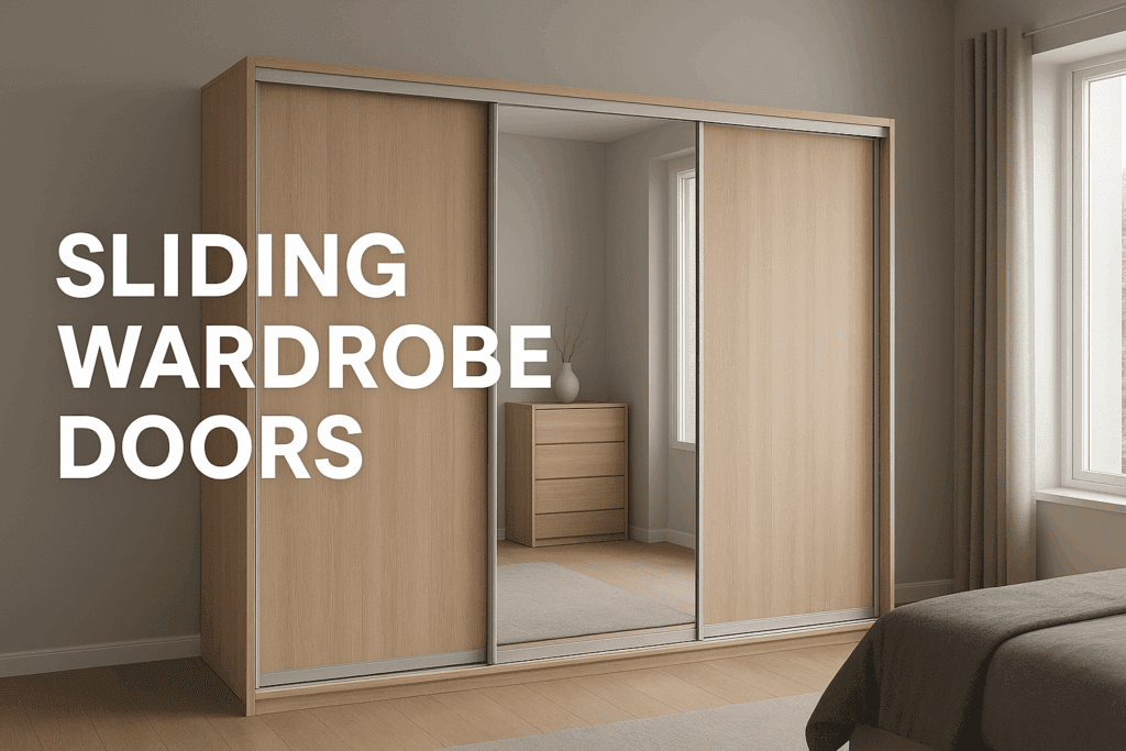 Modern wooden sliding wardrobe design with mirror panels