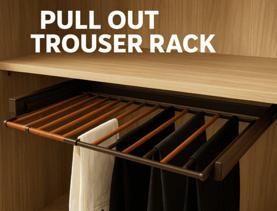 Pull Out Trouser Rack installed in a wooden wardrobe with multiple trousers neatly organized on sliding rails.