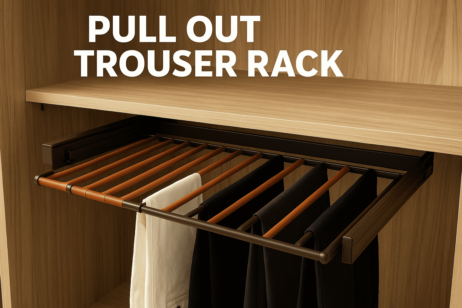 Pull Out Trouser Rack installed in a wooden wardrobe with multiple trousers neatly organized on sliding rails.